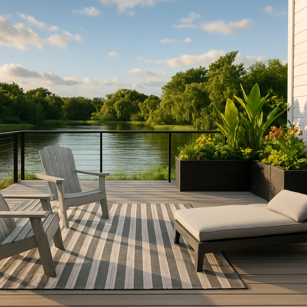 Modern composite wood deck with Adirondack chairs, cable railing, and a lake view in Florida